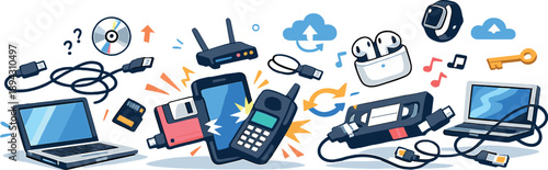 Tech Chaos in Transition. Tech upgrade confusion scene sweeping across a minimal environment as incompatible devices drift and