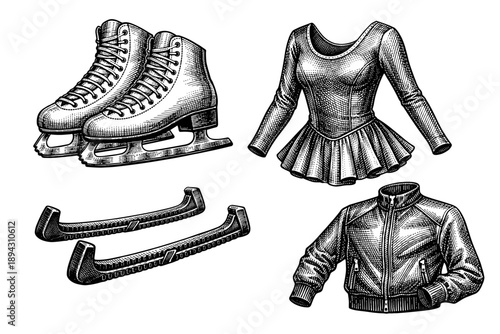 Vintage ice skating apparel and equipment illustrations: skates, dress, blades, jacket
