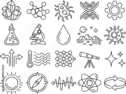 Line style icons of theoretical silicon-based life: silicon crystal, molecular structure, alien microbe, DNA double helix variant