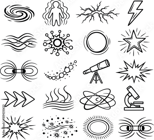 Line style icons of plasma-based hypothetical organisms: plasma swirl, glowing aura, electric arc, lightning bolt, energy waves,