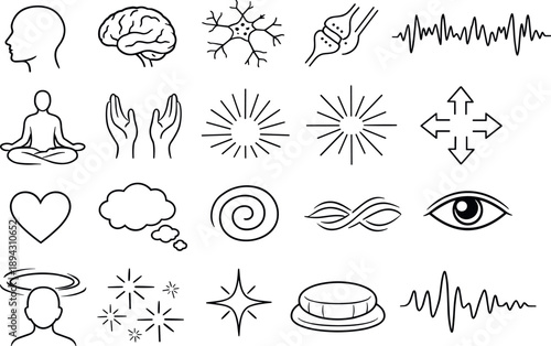 Line style icons of meditation and trance brain activity: human head silhouette, brain outline, neuron network, synapse icon, EEG
