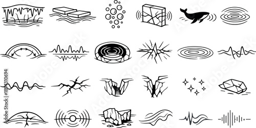 Line vector icons of underwater song of cracking ice sheet: subglacial caverns, resonant ice plates, rising bubbles, vibrating
