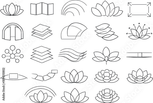 Dynamic Content Icons. Line vector icons of dynamic content reveal: layered content petals, unfolding panel, soft fade arcs,