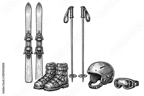 Vintage ski equipment illustration with skis, boots, poles, helmet, and goggles