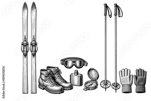 Vintage ski equipment illustration with skis, boots, poles, goggles, compass, flask, gloves