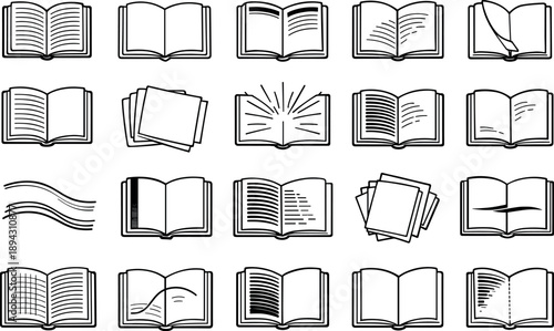 Line vector icons of unevenly used notebook: filled page block, empty page tile, strong opening lines, fading writing arc,