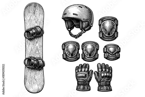 Vintage snowboarding gear equipment set with helmet and pads in black and white illustration