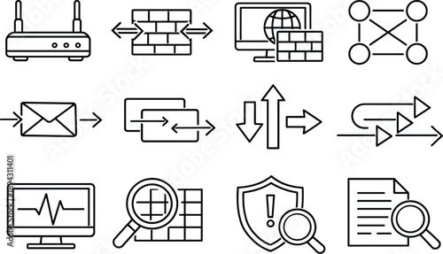 Network Firewall Icons. Line style icons of network firewall: router, gateway, proxy, node; packet, session, traffic, flow;