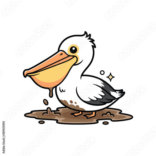 Cute cartoon duckling sitting in puddle with happy expression isolated illustration