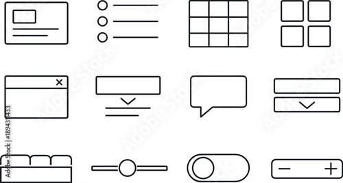 Line style of UI blocks vector icons: card, list, table, grid; modal, dropdown, tooltip, accordion; tab, slider, toggle, stepper