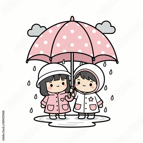 Children holding pink umbrella together during rain shower  