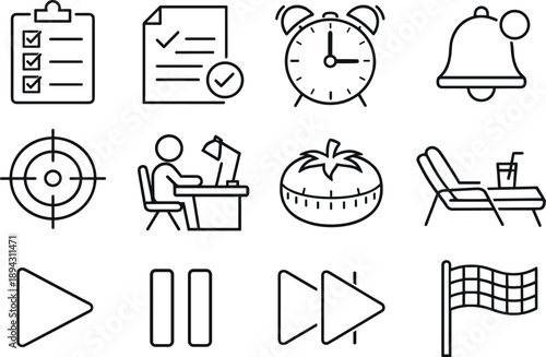 Line style icons of productivity control: checklist, task, deadline, reminder; focus, deepwork, pomodoro, break; start, pause,