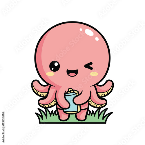 Cute cartoon octopus baby drinking milk bottle on green grass isolated illustration