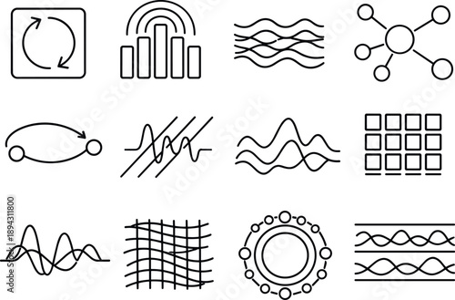 Line style vector icons of defense operations: sync tile, resonance bar, amplitude band, transition node, feedback line,