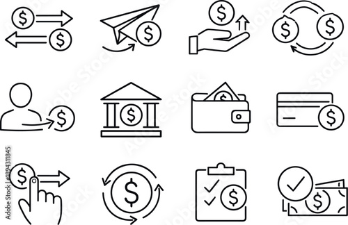 Line style vector icons of Money transfer: transfer, send, receive, exchange; account, bank, wallet, card; initiate, process,