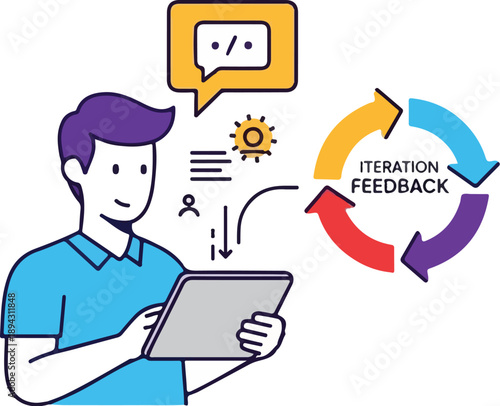 Man holding tablet with iteration feedback cycle and thought bubble above head