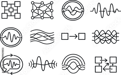 Line style vector icons of software development process implementation: modulation tile, flow mesh, wave ring, amplitude contour,