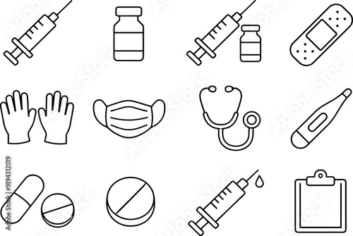 Line style icons of Immunization: syringe, vaccine vial, booster, bandage; gloves, mask, stethoscope, thermometer; capsule, pill,