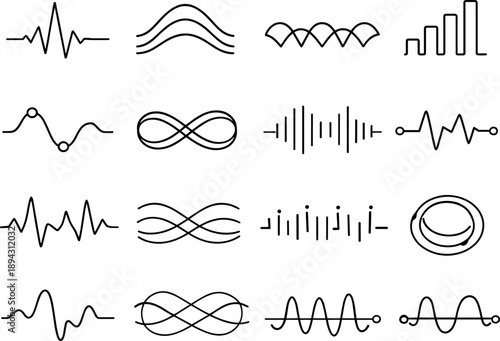 Line style vector icons of team collaboration workspace meetings and alignment: pulse line, rhythm arc, pattern arc, signal