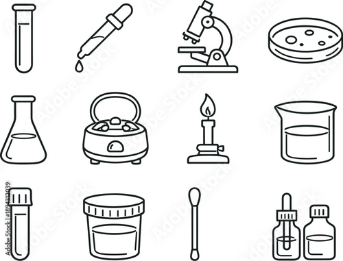 Line style vector icons of Diagnostic tests: test tube, pipette, microscope, petri dish; flask, centrifuge, Bunsen burner, beaker
