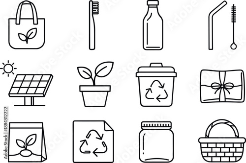 Line style icons of Sustainable products: reusable bag, bamboo toothbrush, glass bottle, metal straw; solar panel, plant pot,