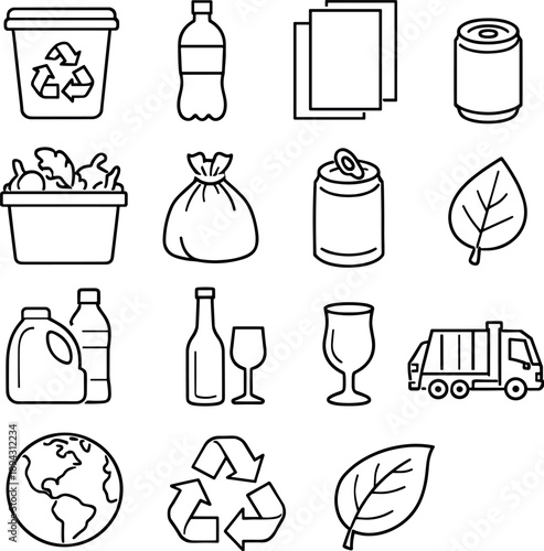 Line style icons of Sustainable recycling: recycle bin, bottle, paper, can; compost, trash bag, plastic, glass; leaf, earth,