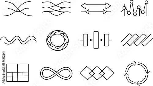 Line style vector icons of calendar schedule planner reminders and notifications: transition mesh, flow band, sync bar, rhythm