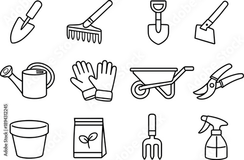 Gardening Tools Icons. Line style vector icons of Outdoor gardening: trowel, rake, shovel, hoe; watering can, gloves, wheelbarrow,