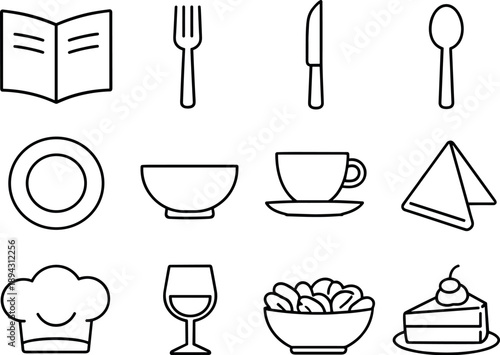 Line style vector icons of Restaurant menu: menu, fork, knife, spoon; plate, bowl, cup, napkin; chef hat, wine glass, salad,