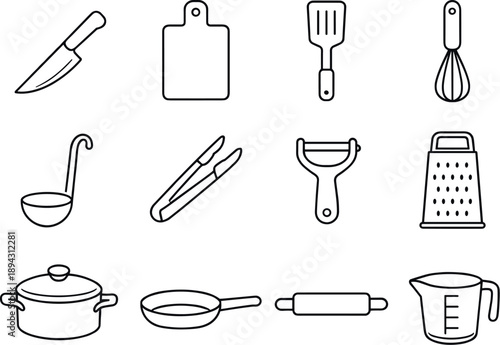 Line style of Culinary tools vector icons: knife, cutting board, spatula, whisk; ladle, tongs, peeler, grater; pot, pan, rolling