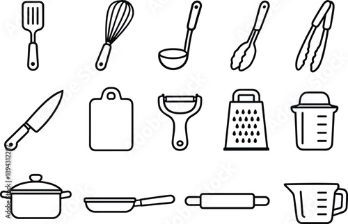 Line style icons of Kitchen utensils: spatula, whisk, ladle, tongs; knife, cutting board, peeler, grater; pot, pan, rolling pin,