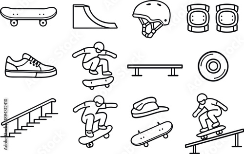 Line style vector icons of Skateboard stunts: skateboard, ramp, helmet, knee pads; sneakers, trick, rail, wheel; handrail, ollie,