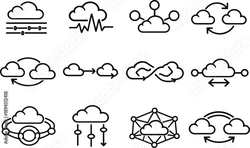 Line style vector icons of cloud data storage synchronization and sharing: interval tile, pulse bar, propagation node, loop ring,