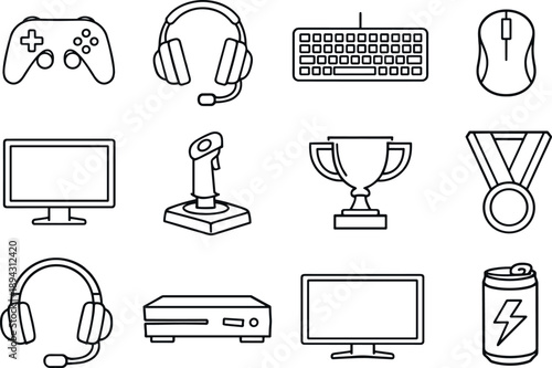 Line style icons of Pro gaming: game controller, headset, keyboard, mouse; monitor, joystick, trophy, medal; headset mic, console