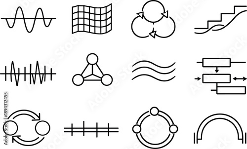 Line style vector icons of file folder system file management actions: amplitude tile, modulation mesh, feedback band, interval
