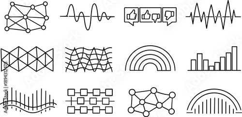 Software Development Icons. Line style vector icons of software development process continuous improvement: flow mesh, frequency