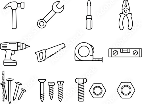 Line style vector icons of Maintenance tools: hammer, wrench, screwdriver, pliers; drill, saw, tape measure, level; nails, screws