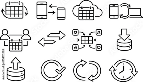 Line style vector icons of calendar schedule planner integration and sync: calendar sync, cross platform sync, cloud calendar,