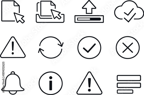 Upload Icons Grid. Line style vector icons of Upload process: select file, drag drop, upload start, upload done; error sign, retry