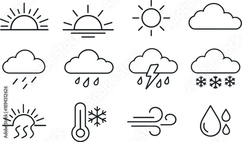 Line style vector icons of Daily weather: sunrise, sunset, clear sky, overcast; drizzle, shower, storm, blizzard; hot, cold,
