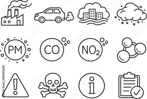 Line style vector icons of Air pollution: factory smoke, car exhaust, smog cloud, dust; pm particle, co gas, no2 gas, ozone;