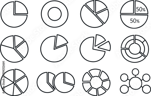 Line style vector icons of data visualization pie and donut charts: pie chart, donut chart, segmented slices, percentage division