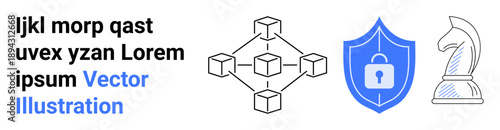 Blockchain network, data protection, cybersecurity, strategic planning, digital privacy, encryption. Connected blocks, security shield chess knight icon. Blockchain and data protection