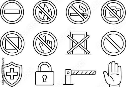 Line style vector icons of Prohibition signs: no entry, no fire, no smoking, no camera; restricted zone, do not touch, keep out,