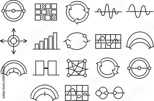 Line style vector icons of special road signs: resonance node, modulation tile, cycle bar, frequency line, flow node, amplitude