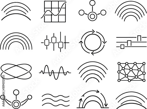 Line style vector icons of geosmin origin: rhythm arc, phase tile, sync node, frequency arc, frequency arc, feedback bar, rhythm
