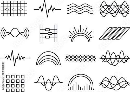 Line style vector icons of perfumery design: timing mesh, pulse contour, variation line, pulse mesh, resonance line, resonance
