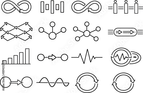 Line style vector icons of chemical communication: loop band, interval tile, loop band, interval tile, feedback mesh, signal node