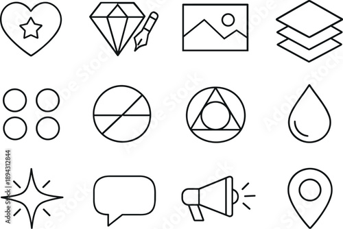 Line style vector icons of brand color framework: brand core, identity, logo area, base; support palette, neutral tone, secondary