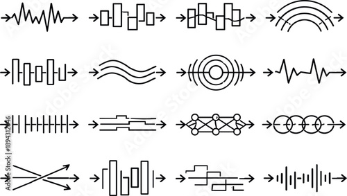 Line style vector icons of message flow: pulse stripe, amplitude tile, amplitude tile, pattern arc, pattern bar, transition band,